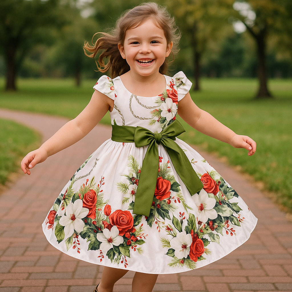 Vestido infantil Verde Oliva menina Estampado Floral dia da criança Aniversário Casamento Princesa em Oferta na Shopee