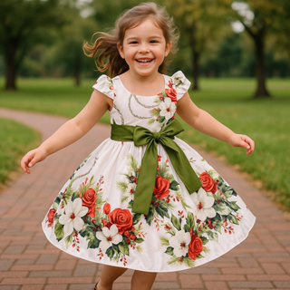 Vestido infantil Verde Oliva menina Estampado Floral dia da criança Aniversário Casamento Princesa em Oferta na Shopee