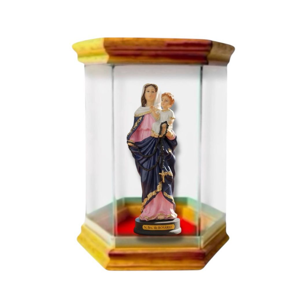 Imagem Nossa Senhora do Rosário 15cm Resina com Redoma Oratório de Vidro