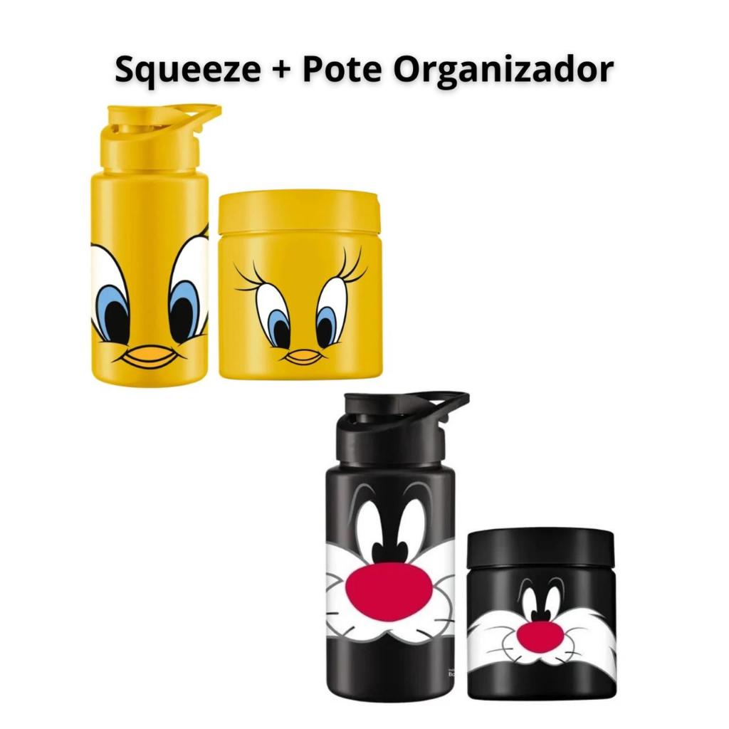 Kit Squeeze De Agua 500ml Pote 550ml Looney Tunes Infantil Frajola Piupiu Resistente