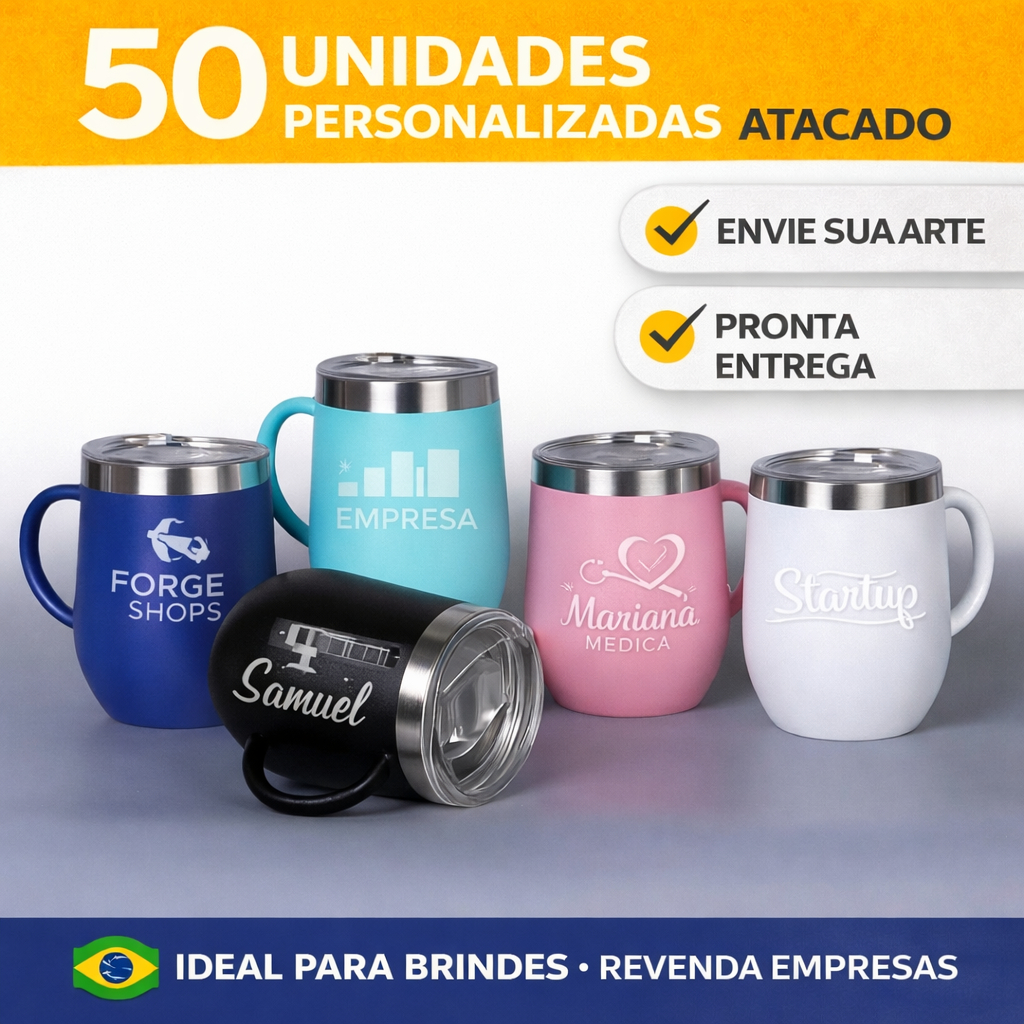 Kit 50 unidades Caneca Térmica Inox 350ml com alça personalizada Tampa Acrílica com Trava personalizada evento