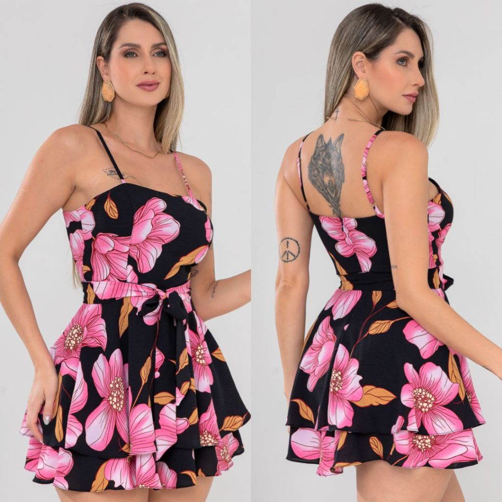 Macaquinho vestido bailarina soltinho zíper atrás alça ajustável laço removível Moda Elegante em Oferta na Shopee