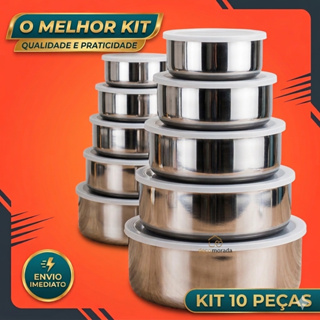 Jogo 10 Potes Tigelas em Inox Alumínio Com Tampa Redondo em Oferta na Shopee