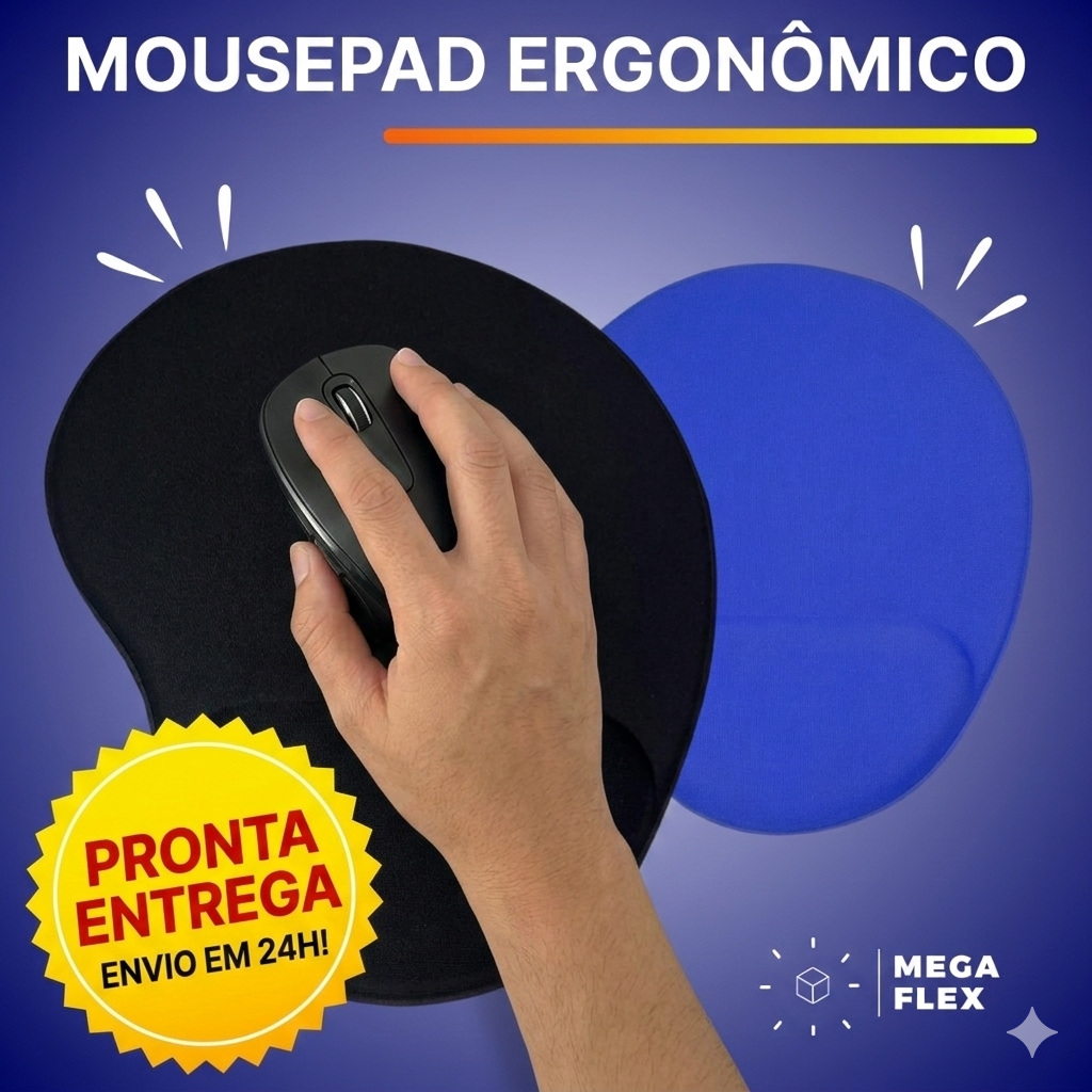 Mousepad Ergonômico Mega Flex Apoio Pulso Neoprene Antiderrapante Confortável Escritório Gamer Preto Azul Pronta Entrega