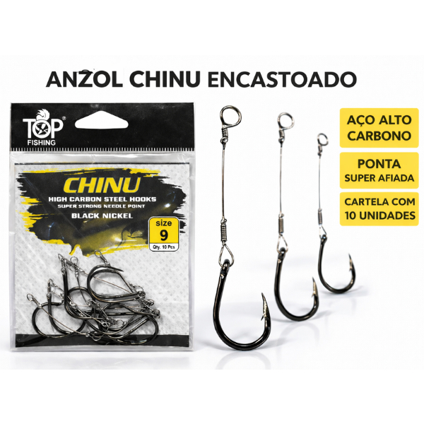 Anzol Chinu Encastoado Top Fishing Aço Carbono C/10 Pesca Empatado