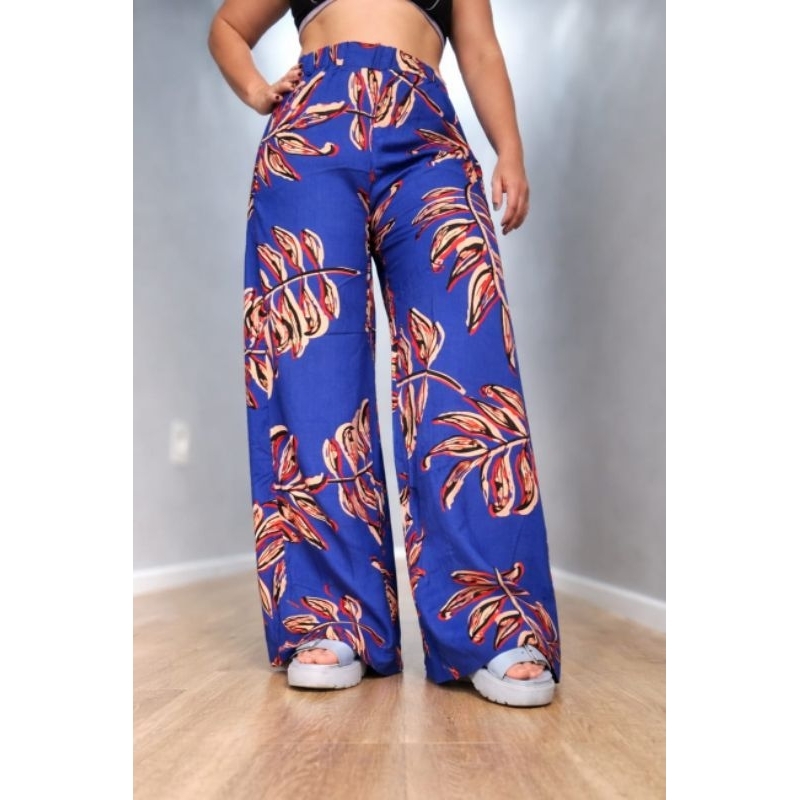Calça Pantalona Feminina Viscolinho Estampada Tropical Cintura Alta Verão Confortável