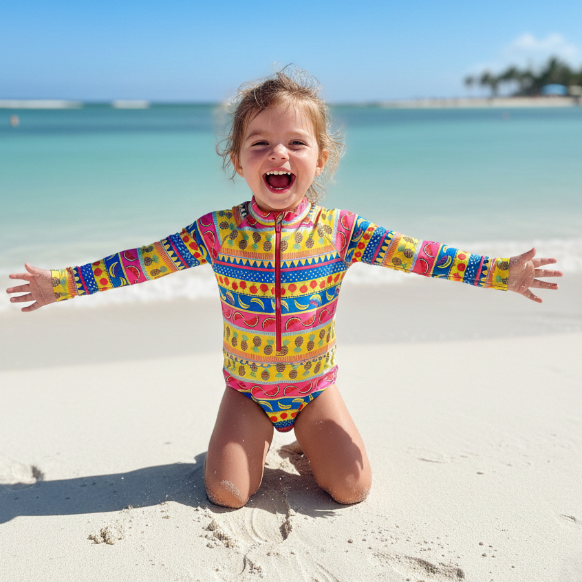 Body Infantil Maiô Menina UV50+ Manga Longa Zíper Roupa Praia Verão Piscina