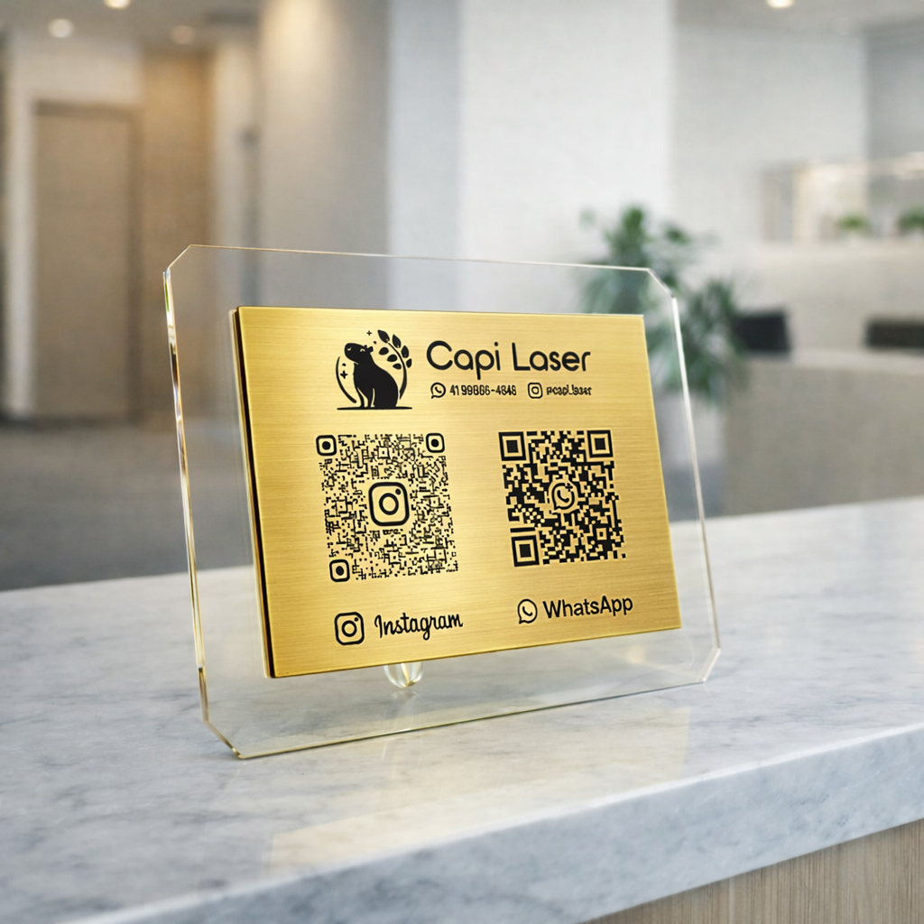 Placa Sinalização Personalizada Display 02 QRCode Pix Rede Sociais - Logo Personalizada acrilico Escovado Premium