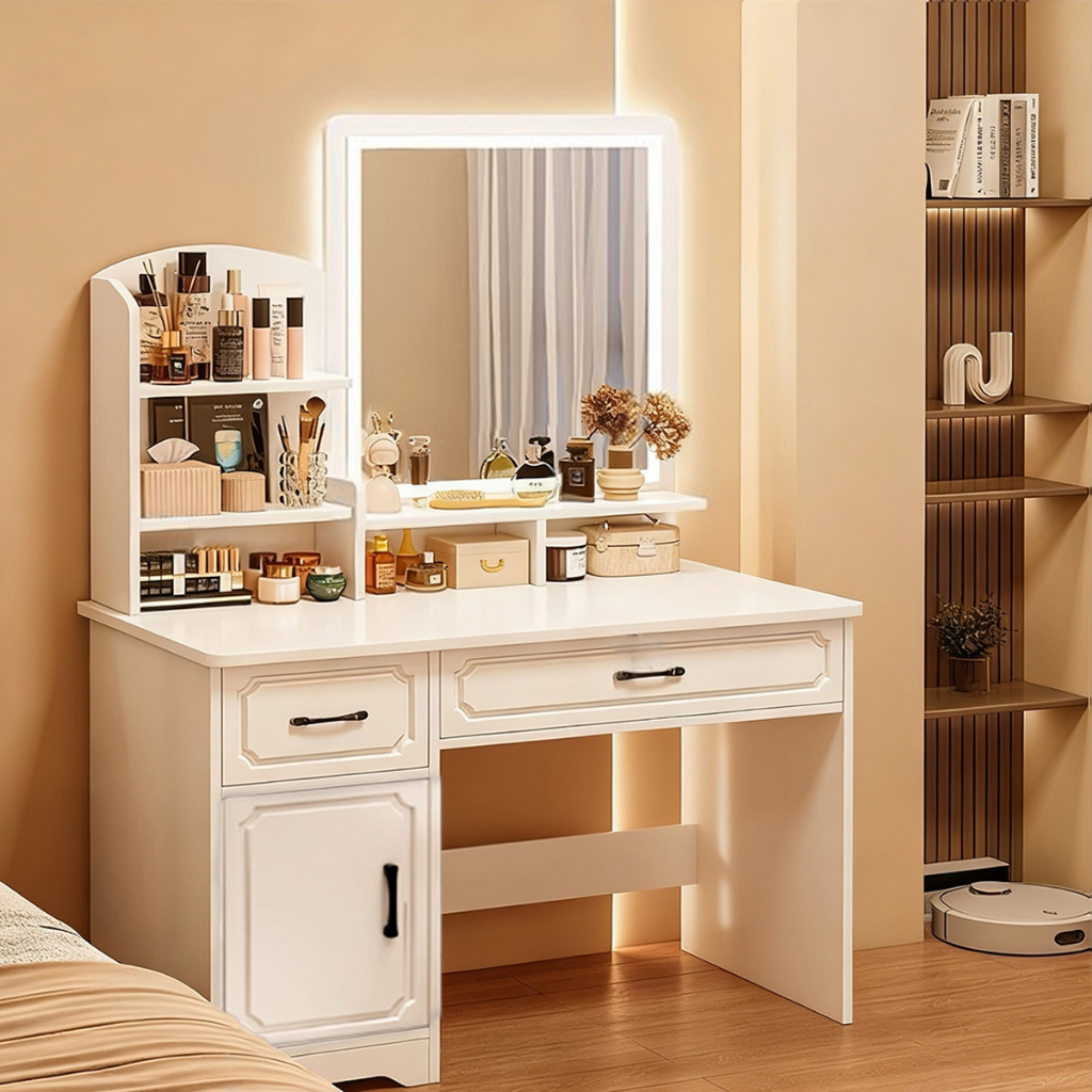 Penteadeira De Quarto Com Luminária E Quadrado Espelho Brilho Ajustável Yesop Branco Com 2 Gavetas 1 Portas E Prateleira