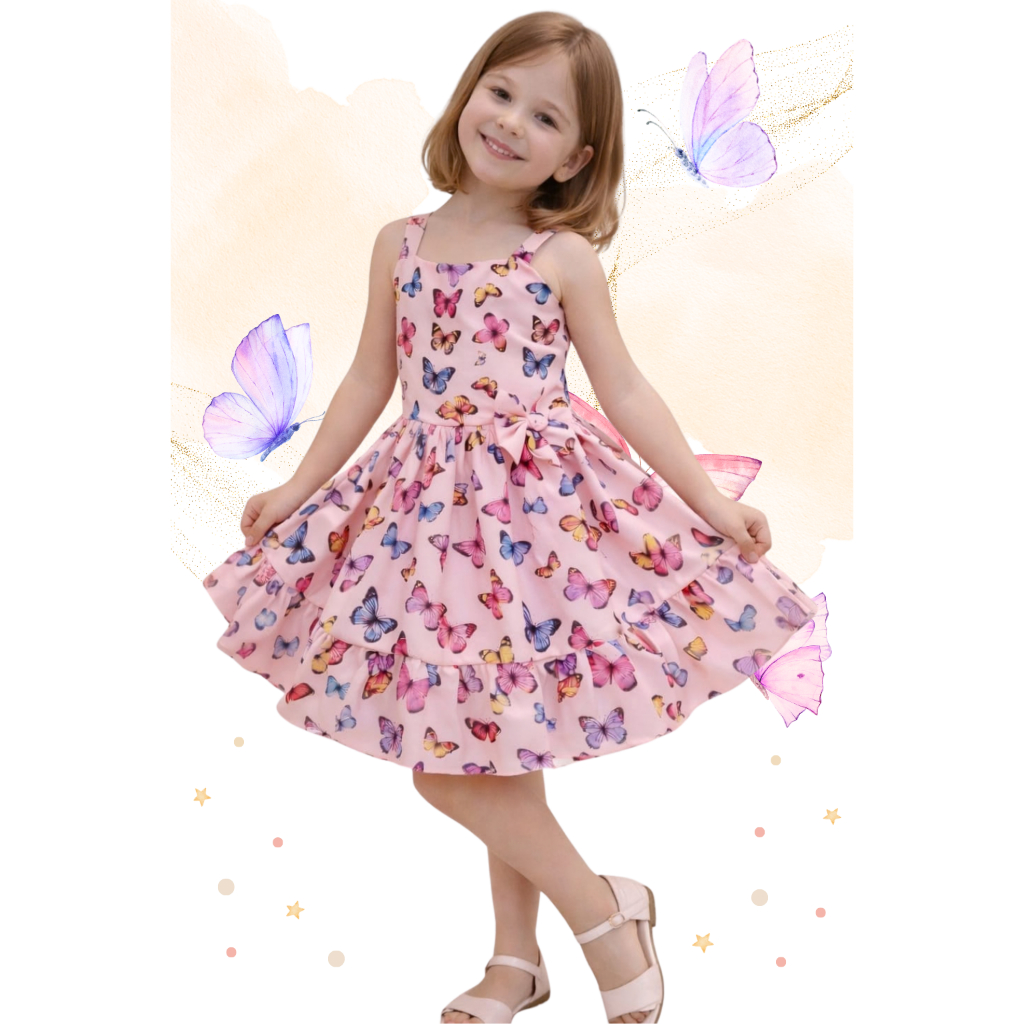 Vestido regata infantil roupa menina rodado com forro estampado borboletas festa dia a dia - PB em Oferta na Shopee