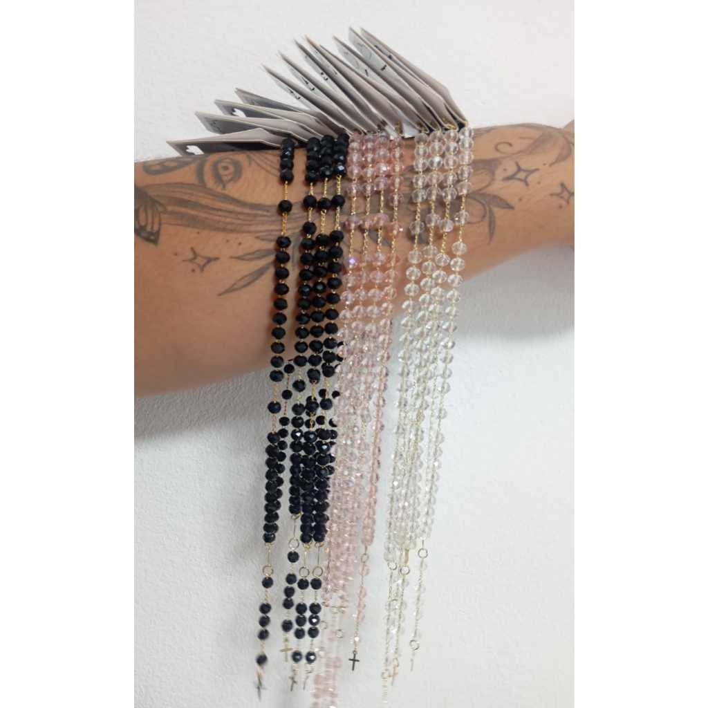 Kit Terços Pescoço Cristal 6mm Nossa Senhora Aparecida Folheado