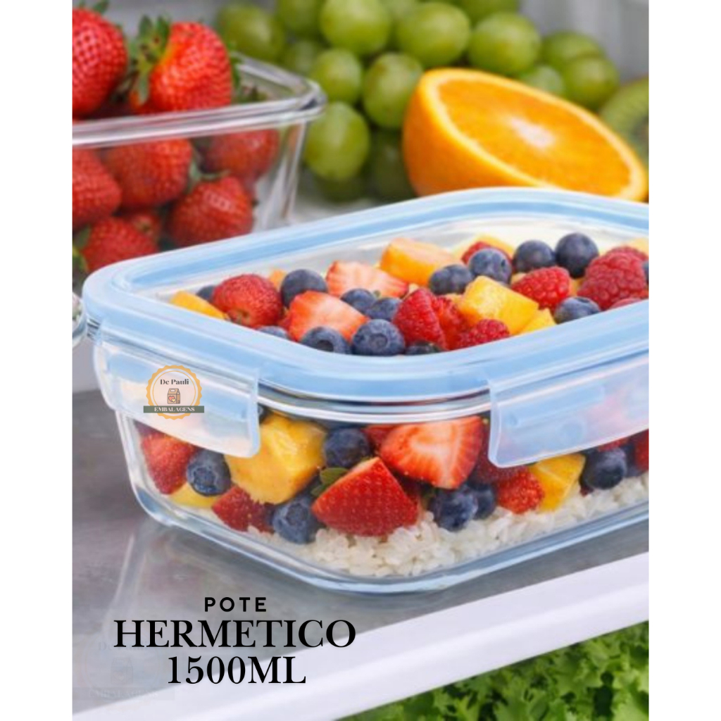 Kit 5 Pote Hermetico De Vidro 1500ml Transparente Com Tampa Azul Ou Branca ideal para cozinha em Oferta na Shopee