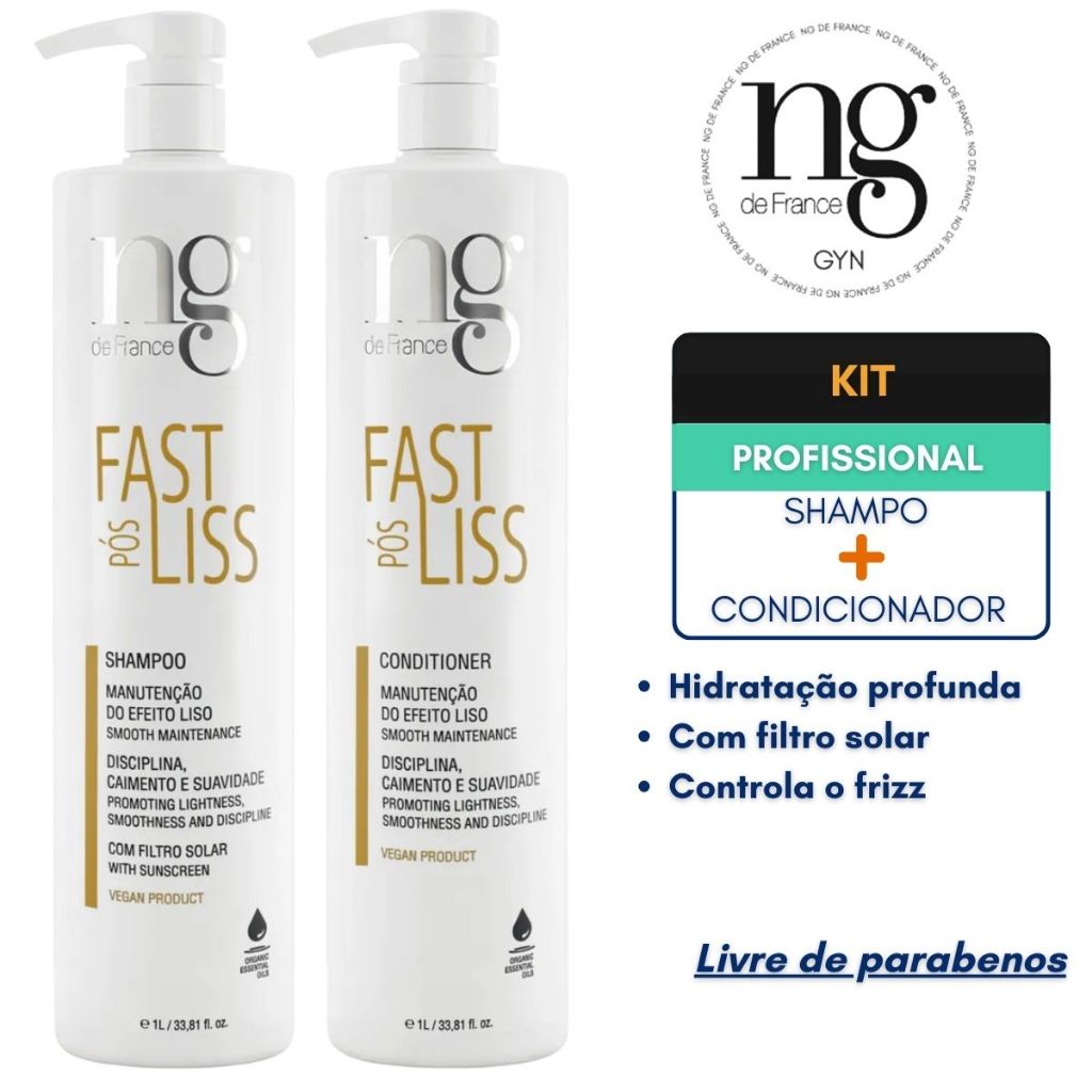 Kit Ng De France Pós Fast Liss Alisamento Shampoo 1000ml + Condicionador Pós Química 1000ml Restaura