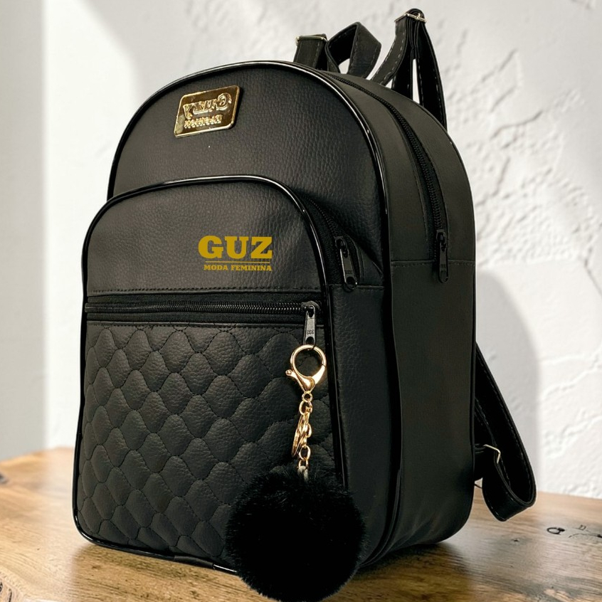 Bolsas Mochila Feminina 3 Zíperes Couro Sintético Com Pompom - Estilo Casual e Moderno