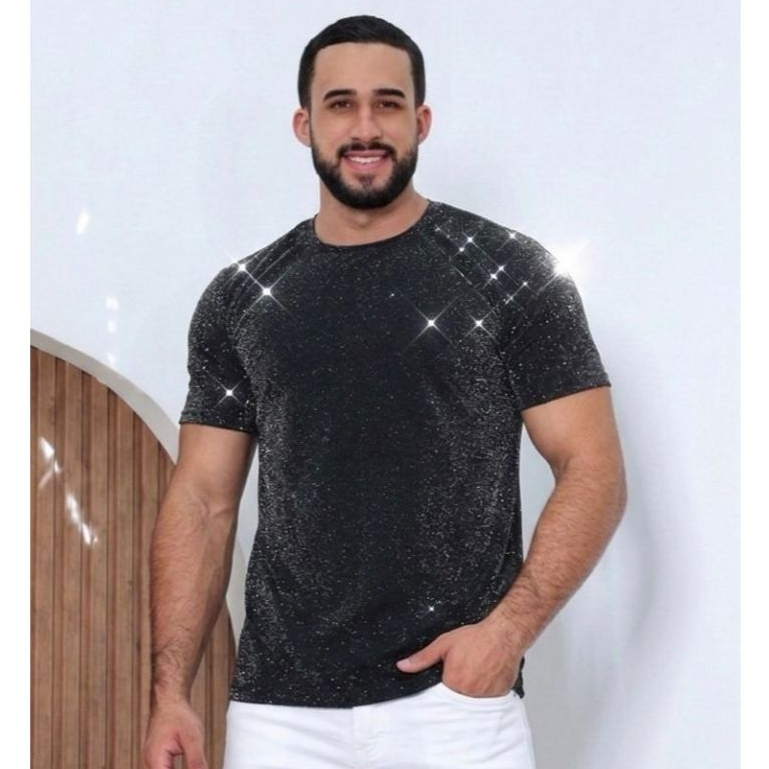 Camiseta Masculina Exclusiva Crepe Lurex Brilho - Não Amassa Estilo Balada Casamento Artista Tendência 2026