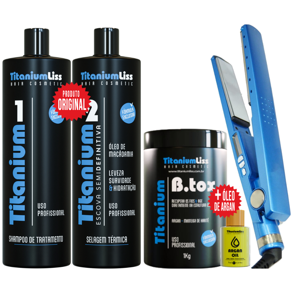 Progressiva Semi Definitiva Titanium Liss 1L + Botox Capilar + Chapinha Profissional + Óleo Argan Bivolt