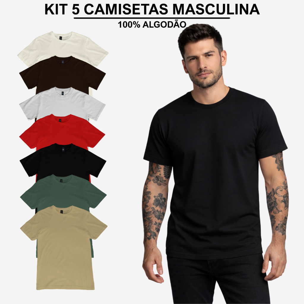 KIT 5 ou 1 Camiseta Masculina e Feminina Lisa 100% Algodão Confortável Slim Fit Básica Dia a Dia em Oferta na Shopee