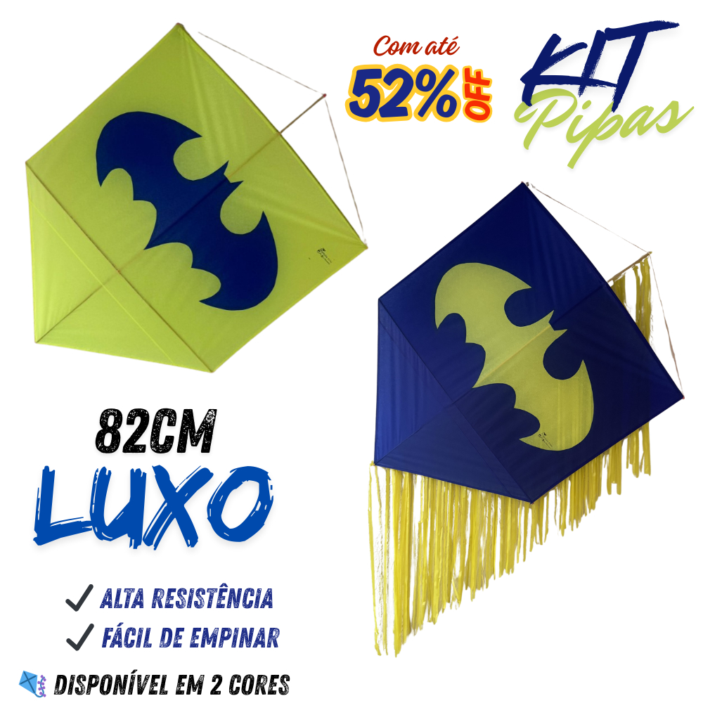 Kit 3 Pipas Grande 82cm Bambu Infantil Adulto Facil de Empinar Alta Resistência Estilo Batman Com Rabiola de 40m