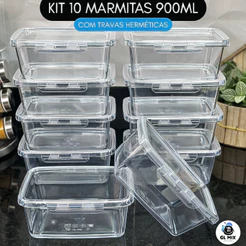 Kit 10 Marmitas com Travas 900ml BPAFREE Pote Plástico Freezer Microondas Fitness Refeição Alimento