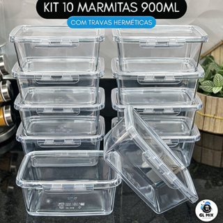Kit 10 Potes Marmitas 900ml com Travas Laterais - Hermeticos BPA free Alimentos jogo de marmitas fit em Oferta na Shopee