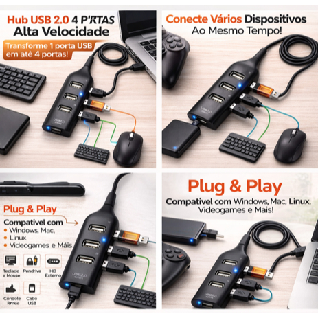 Hub USB 2.0 4 Portas Alta Velocidade – Expansor USB para Notebook, PC, Teclado, Mouse e Pendrive