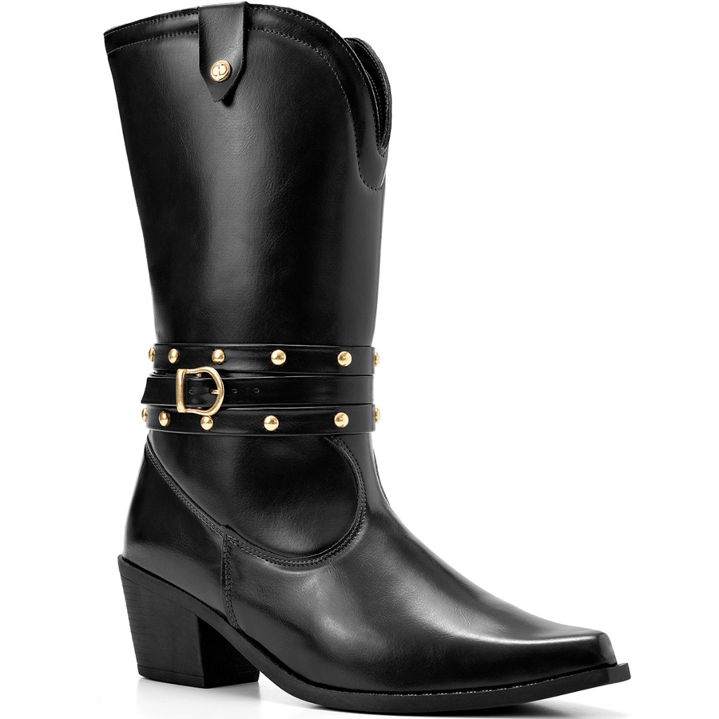 Bota Feminina Lumiss Western Cano Médio Salto Bloco Baixo Bico Fino Tachas Preto em Oferta na Shopee