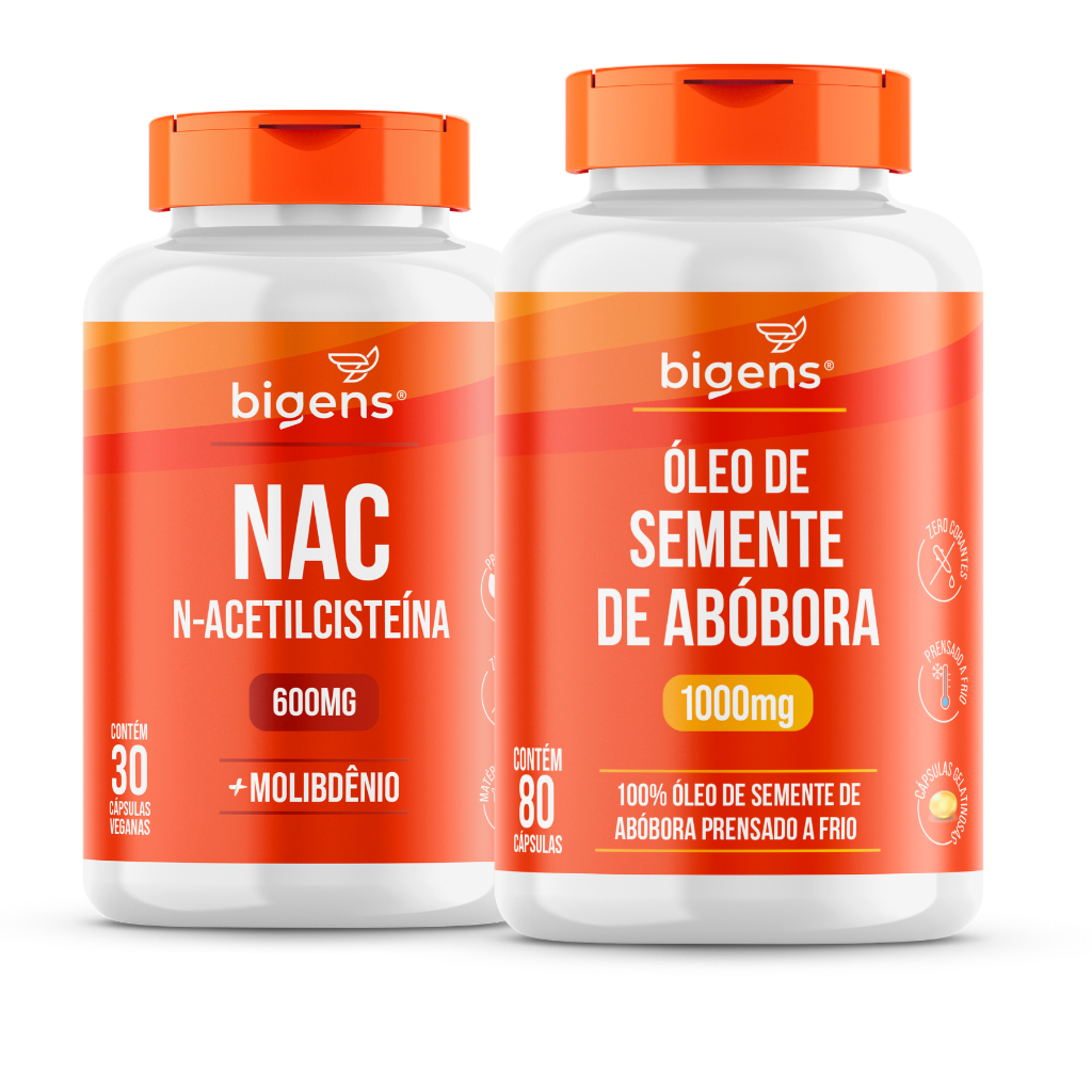 Kit NAC 600mg + Óleo de Semente de Abóbora Bigens | Detox Fígado, Antioxidante e Próstata