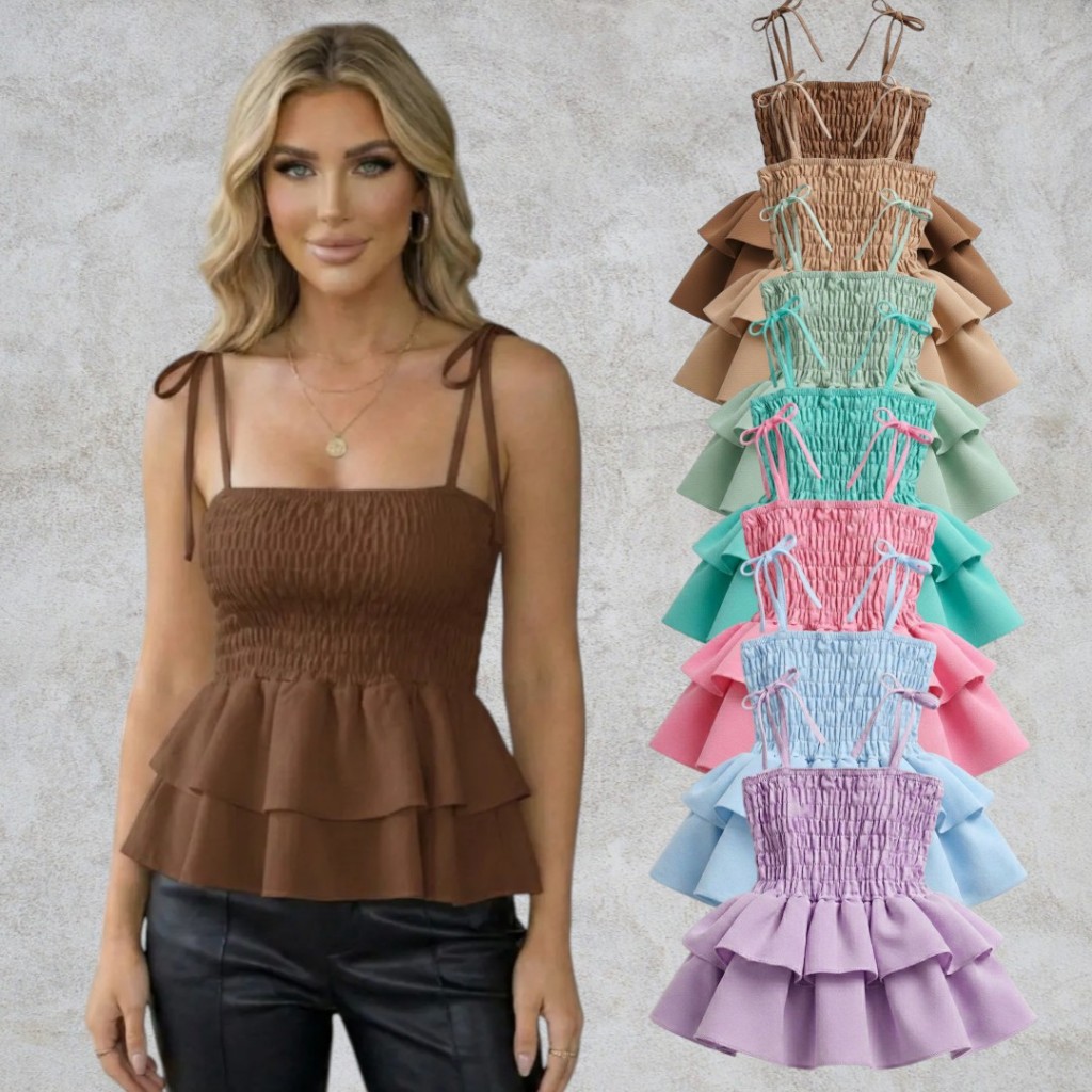 Blusa Peplum Franzido Alça Amarrada Regata Pastel Moda Verão Regata Gringa Tendência Fru Fru