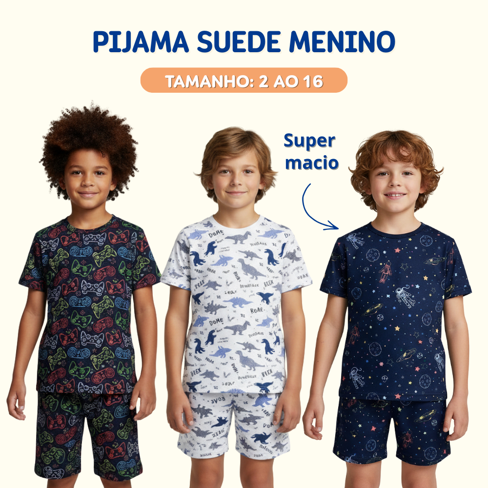 Pijama Curto Menino Infantil Verão Suede Confortável Leve 2 ao 16 em Oferta na Shopee