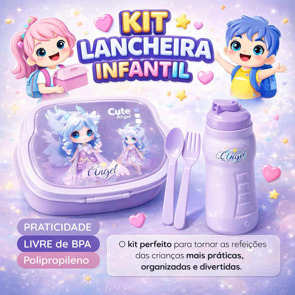 Kit Lancheira e Garrafa Infantil Cute Angel Escolar para Lanche Bebê e Crianças Passeio Creche e Escola Lilás Resistente