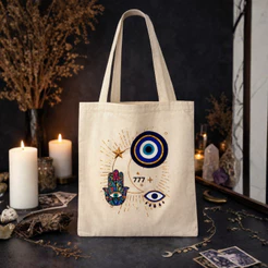 Bolsa Ecobag Com e Sem Ziper Mística Olho Grego Hamsã 777 Algodão Cru | Alças Coloridas