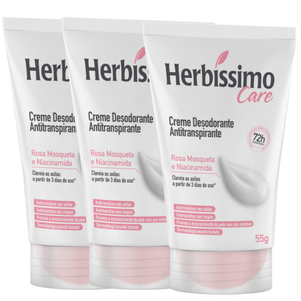 Kit 3 Desodorante Creme Antitranspirante Herbíssimo Bisnaga Rosa Mosqueta e Niacinamida 55g