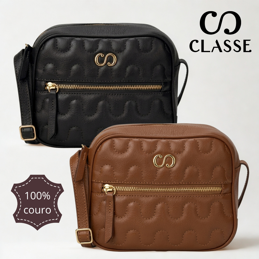 Bolsa Feminina Classe Couro Legitimo Transversal Tiracolo Pequena Bag Matelasse Preto Marrom
