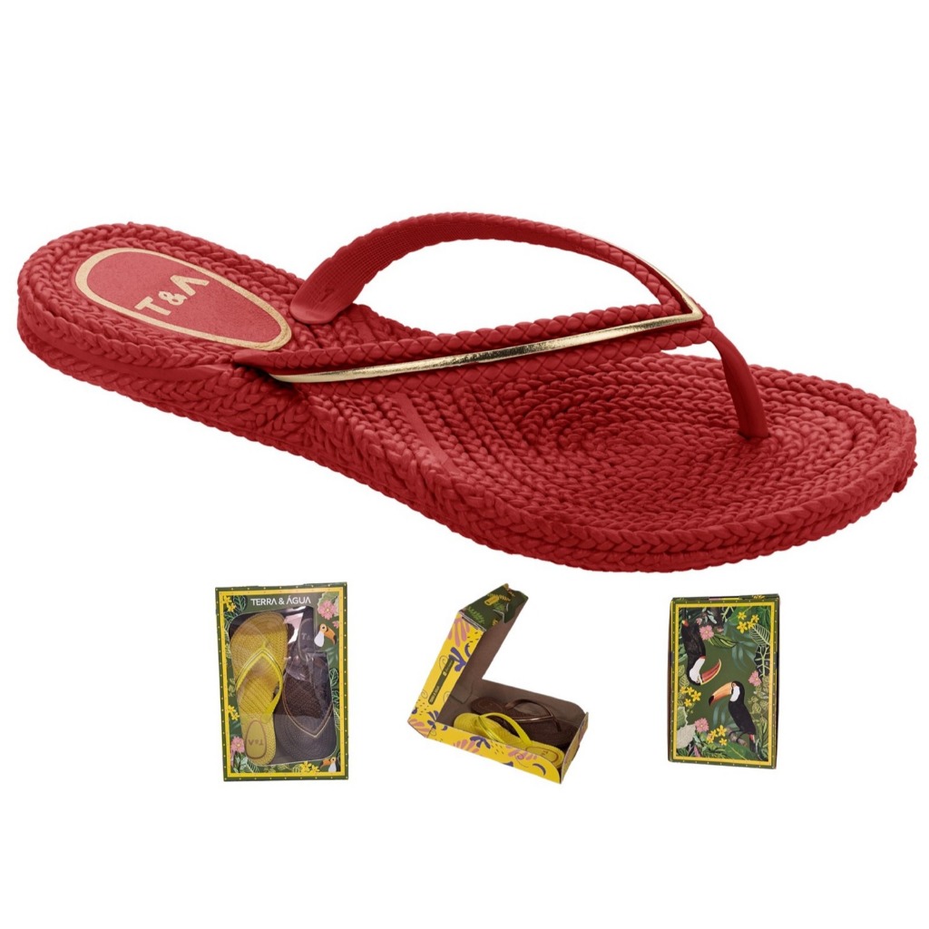 Chinelo Terra & Água Feminino Cancun Tira Trançada com Filete Dourado Leve e Confortável