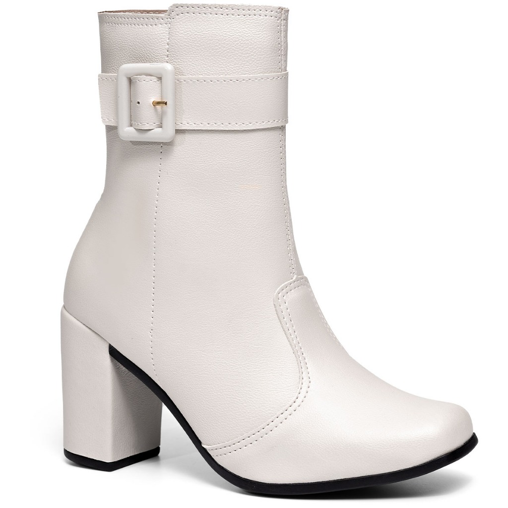 Bota Feminina Lumiss Confortável Cano Médio Bico Quadrado Salto Alto Bloco Fivel