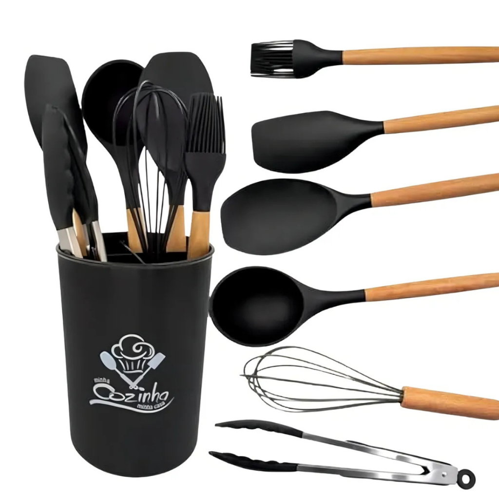 Kit Utensílios de Silicone 7 Peças Cabo de Bambu + Porta Utensílios | cores disponiveis em Oferta na Shopee