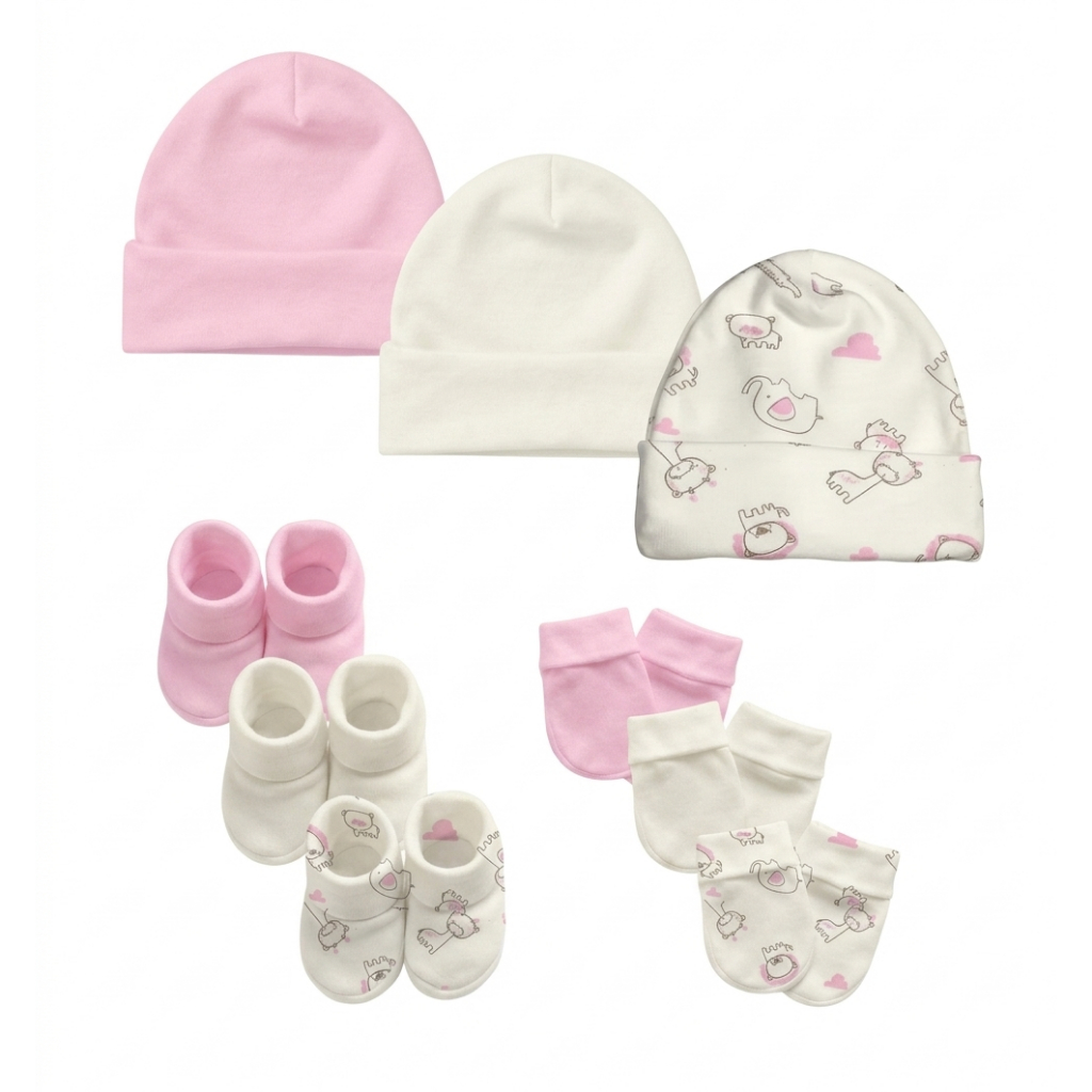 Kit Touca, Luvas e Pantufas Enxoval Bebê Maternidade Menina - 9 peças em Suedine 100% algodão Kit Touca, Luvas e Pantufas Enxoval Bebê Maternidade Menina - 9 peças em Suedine 100% algodão