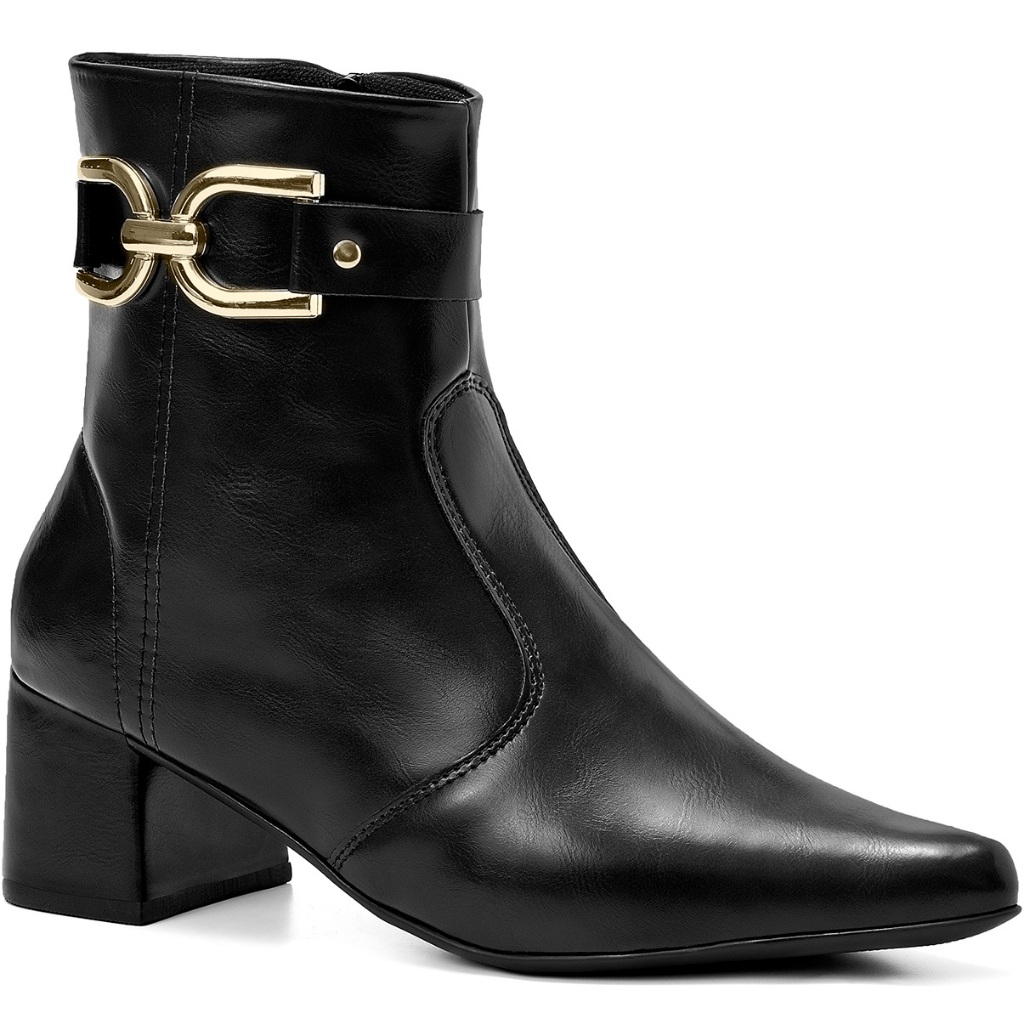 Bota Feminina Lumiss Cano Curto Salto Médio Bico Fino Fivela Dourada Preto