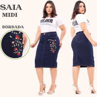 Saia Jeans Midi Evangelica Premium Com Bordado Com lindas  flores Cintura Alta com Lycra Na Cor  Azul