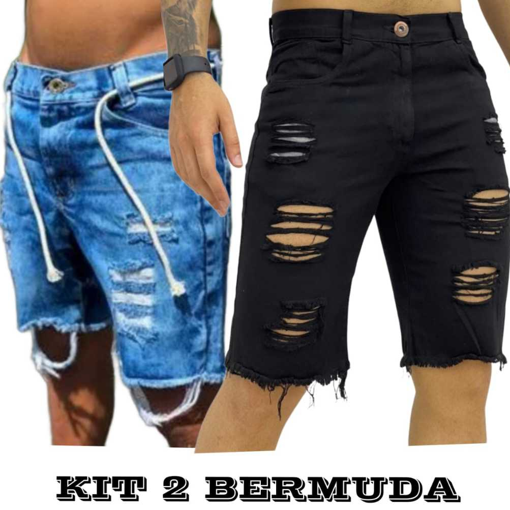 Bermuda Jeans Masculina Rasgada Destroyed Slim Fit Moda Masculina Estilo Jogador Queima de Estoque
