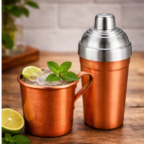 Kit Moscow Mule Caneca 350ml + Coqueteleira 550ml em Cobre – Conjunto para Drinks e Bar