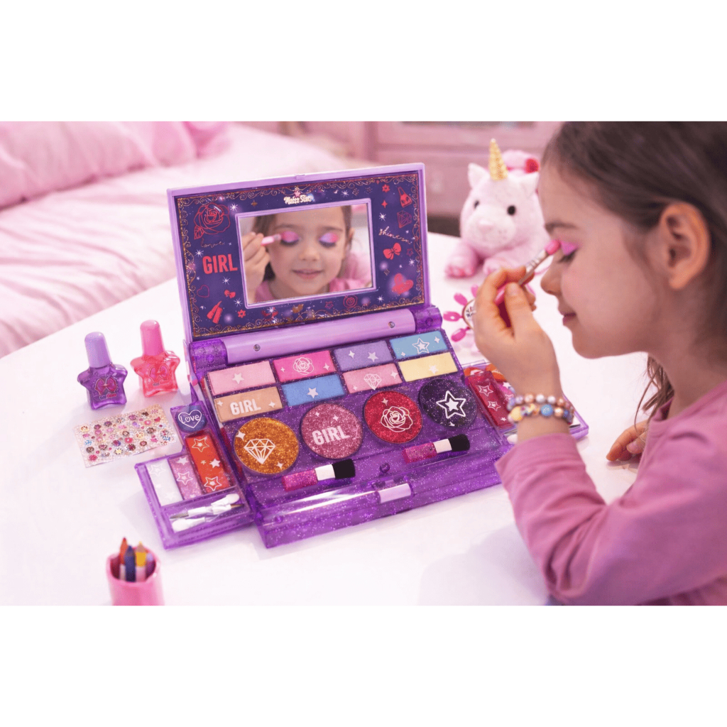 Kit Maquiagem Infantil Completo Estojo Espelho Unhas Postiças Esmalte Brilho Labial Menina Princesa