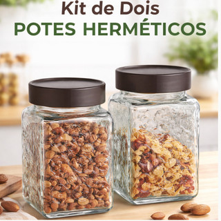 Kit 2 Potes Vidro Transparente Tampa Rosca 465ml Vedação Hermética Conjunto Resistente Armazenar Cereais Grãos Alimentos