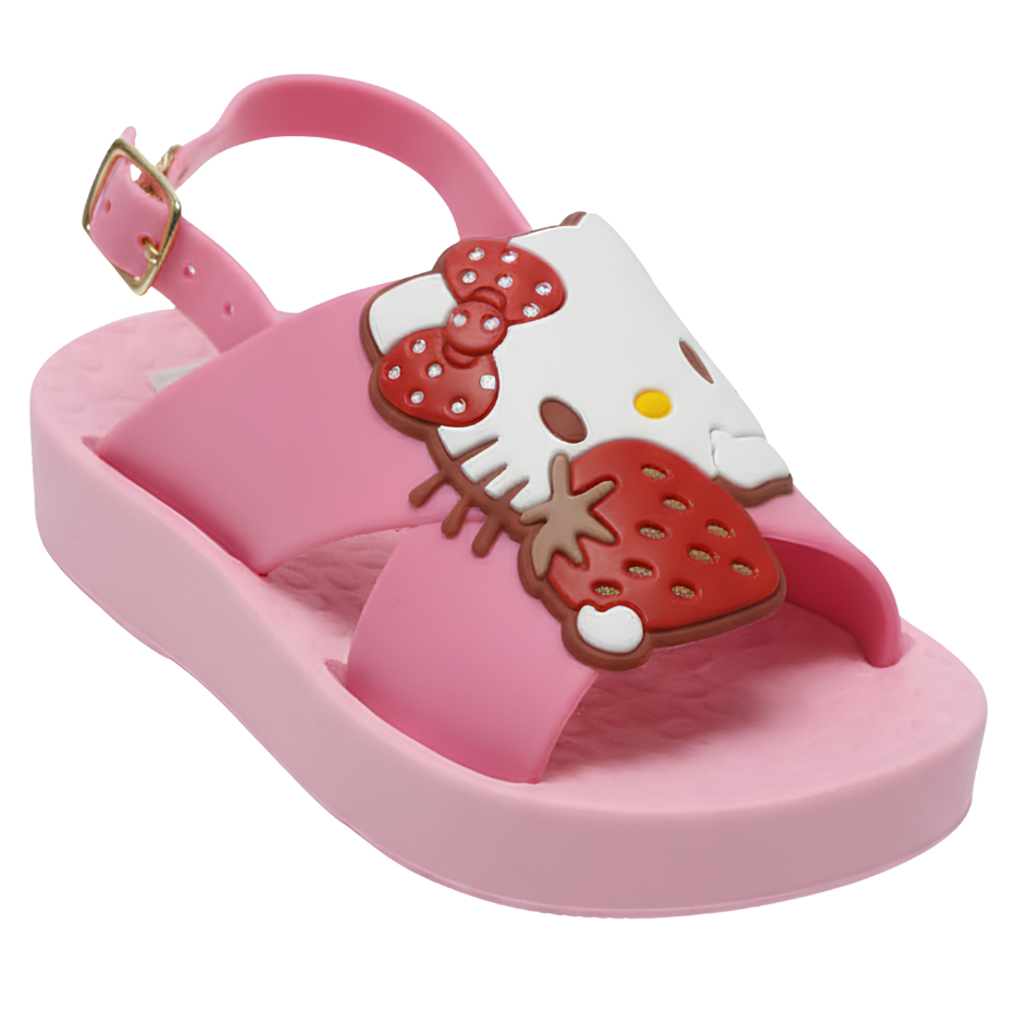 Sandália Infantil Hello Kitty Rosa com Morango Antiderrapante Tira Ajustável Confortável Leve Baby