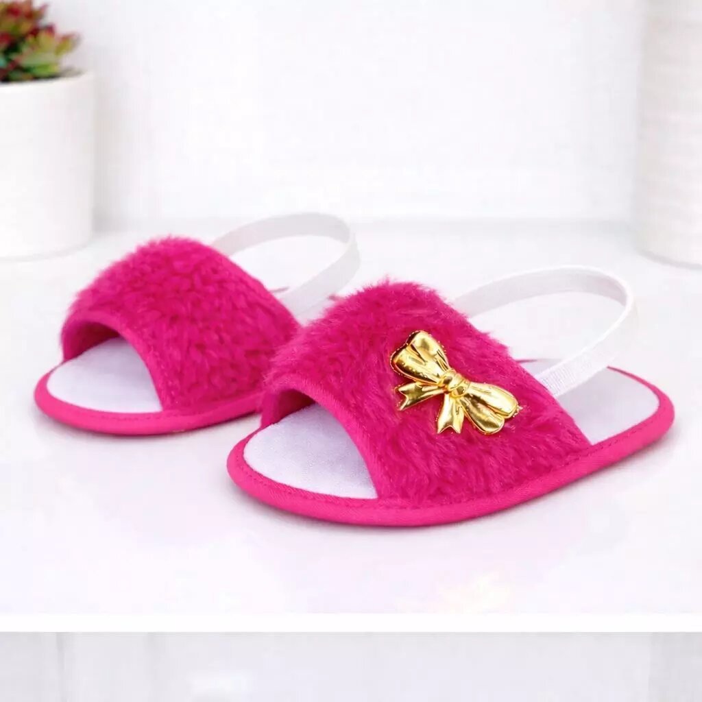 Sapatinho Bebê Menina Sandália Pantufa Pelúcia Laço Dourado Luxo Confortável em Oferta na Shopee