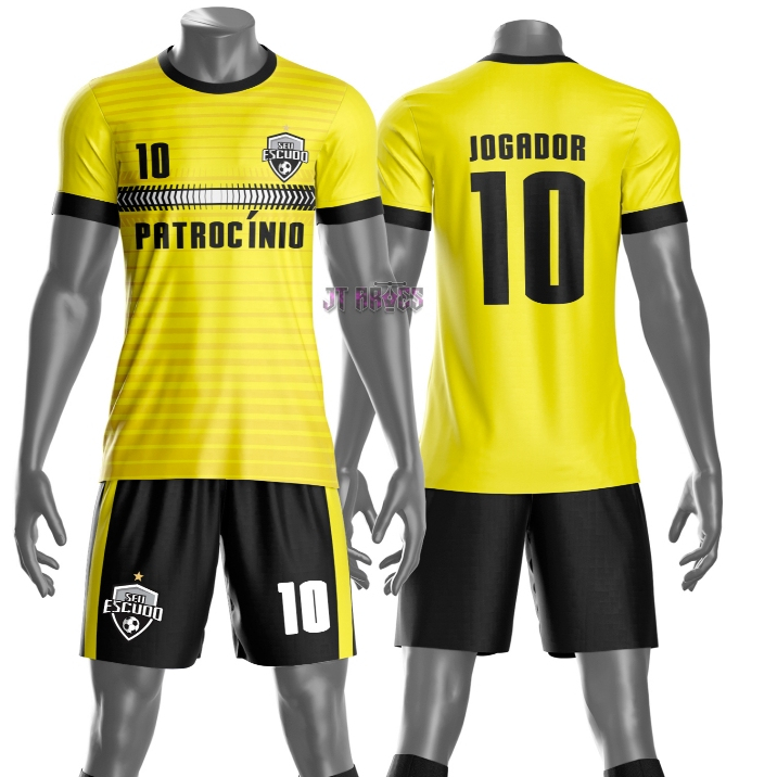 Uniforme jogador futebol amador esportivo camiseta e calção personalizavél nome número escudo mo 171