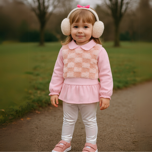 Conjunto Bebê Menina Inverno Luxo Blusa Peplum Rosa + Colete Peluciado Xadrez com Pérolas + Calça Legging Infantil Moda