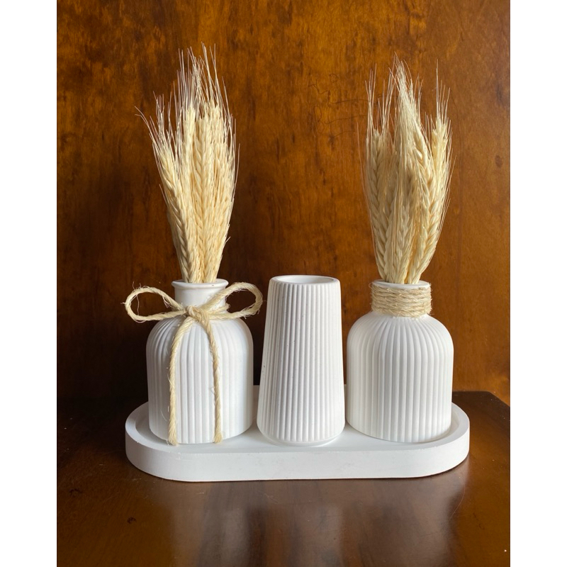 kit Vaso Decorativo Gesso 6 Itens Trio Vasos +Trigo Seco + Bandeja Decoração Minimalista Boho Sala Rack Mesa Escritórios
