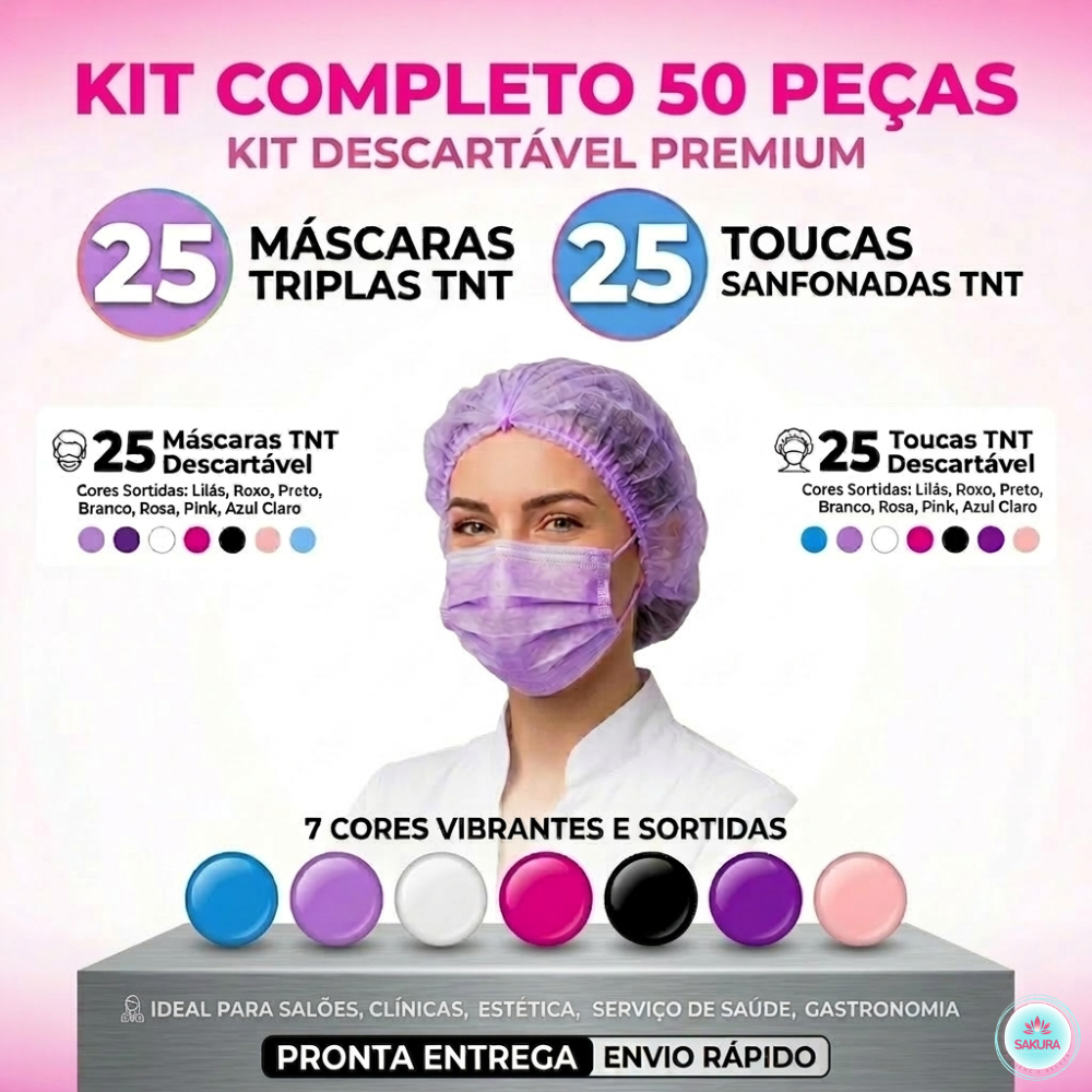 Kit Proteção 50 Peças – 25 Máscaras Tripla TNT + 25 Toucas Sanfona Descartáveis | Ideal p/ Estética, Saúde e Alimentação
