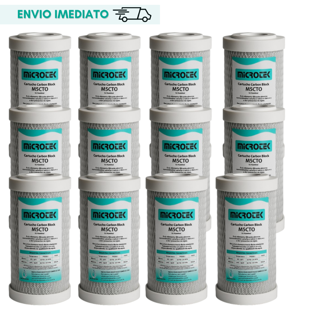 Refil Filtro Kit 12 Carbon Block 5" Carvão Ativado Microtek Tira Cloro Cheiro Odor da Agua